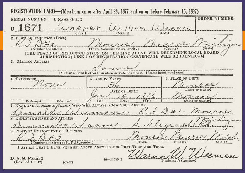 WW2 Old Mans Draft Registration card