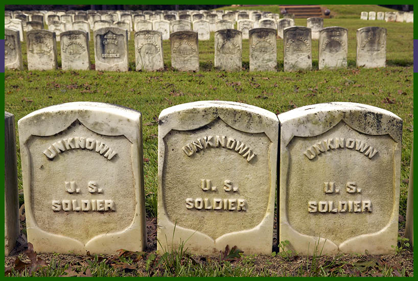 tombs of unknown soldiers in Civil War cemetery at Camp Sumter in Georgia