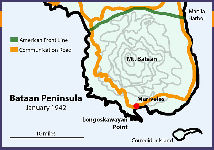 Map of Bataan peninsula in The Philippines showing American positions during early WW2